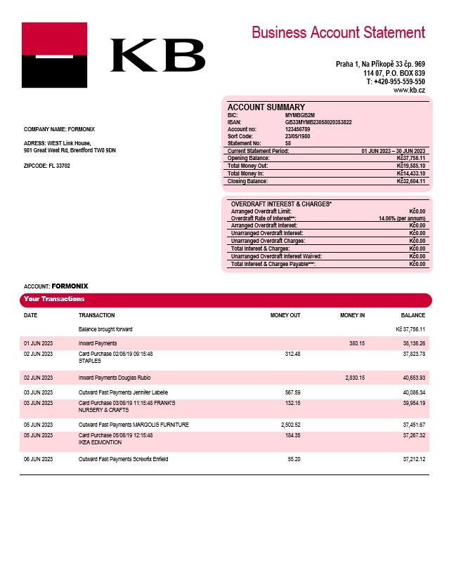 Modèle Word et PDF de relevé de compte courant d'entreprise Komercní banka